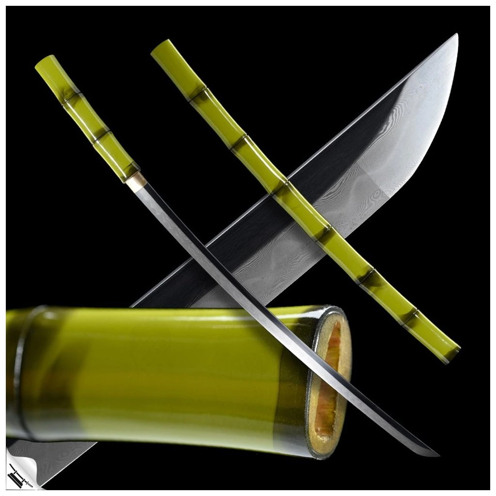 foto Japan Swords Japanese Take Shikomizue, zelen� bambus, Folded Steel, Real Choji Hamon